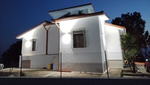 A two-story house with a flat roof, a visible window, and a fenced yard.