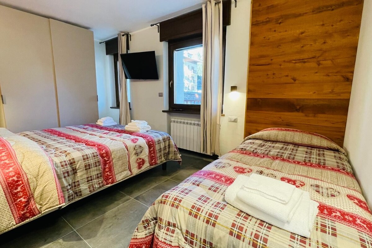 A bedroom with two beds, a TV, and a window with curtains.