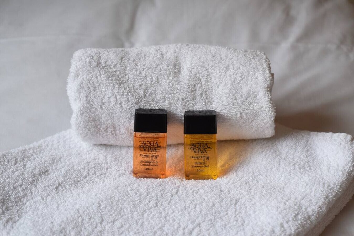 Deux flacons de shampoing et d’après-shampoing Aqua Viva, parfum agrumes, ainsi qu’un gel douche, posés sur une serviette blanche.