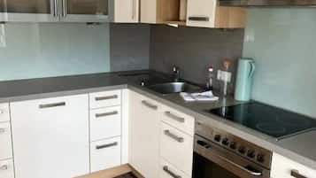 Full-sized fridge, oven, stovetop, dishwasher
