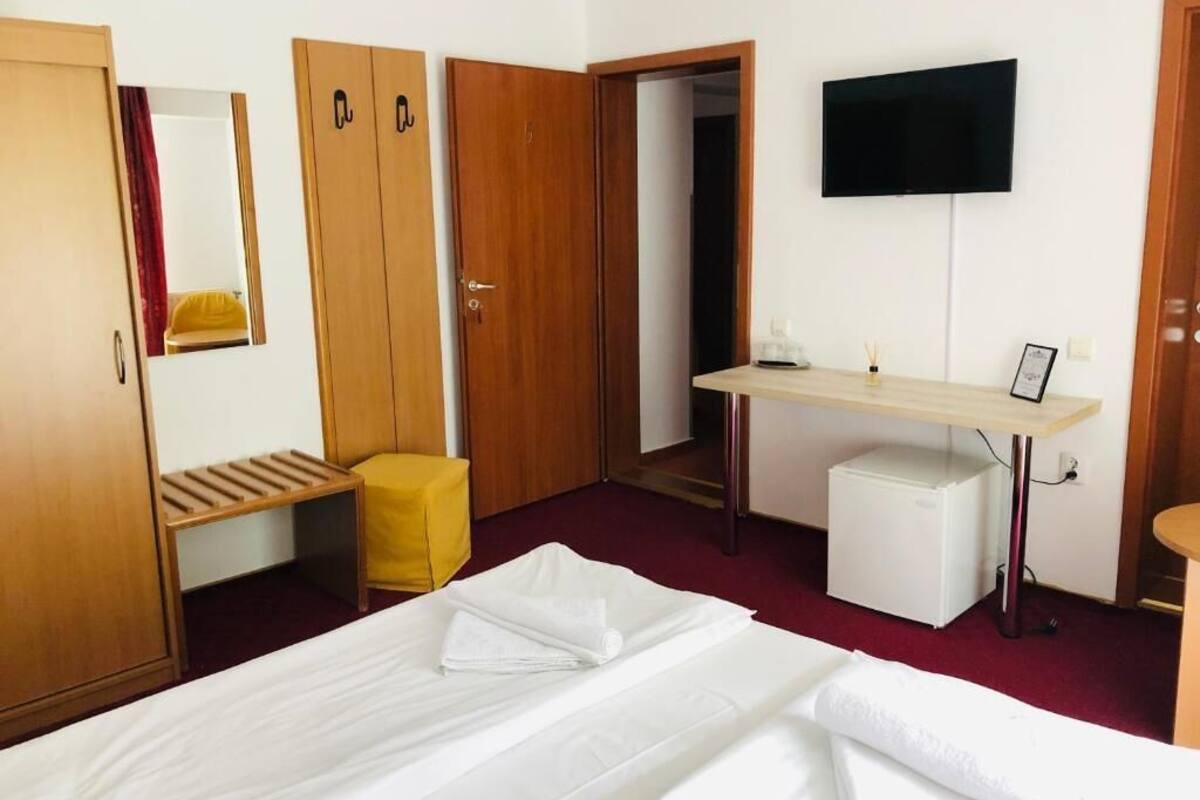 Una habitación de hotel con una cama, un escritorio, un televisor y un armario.