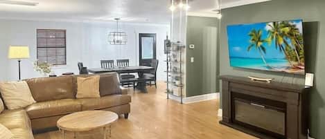Smart TV, chimenea, reproductor de DVD y libros