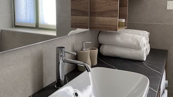 Shower, hair dryer, bidet, towels