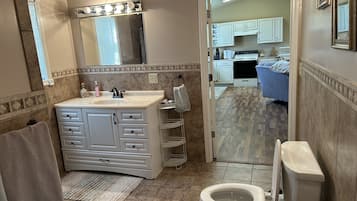 Hair dryer, towels, soap, toilet paper