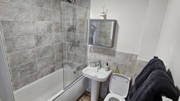 Combined shower/bathtub, deep-soaking bathtub, hair dryer, towels
