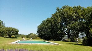A swimming pool surrounded by a lush garden with lavender fields and large trees. - Charme D'un mas en Luberon, Calme, vue Panoramique, Piscine, Cheminée (Lacoste)