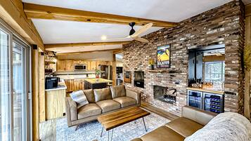 TV, fireplace, books