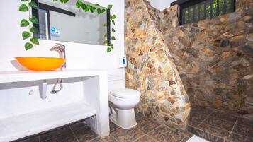 Shower, towels, soap, toilet paper