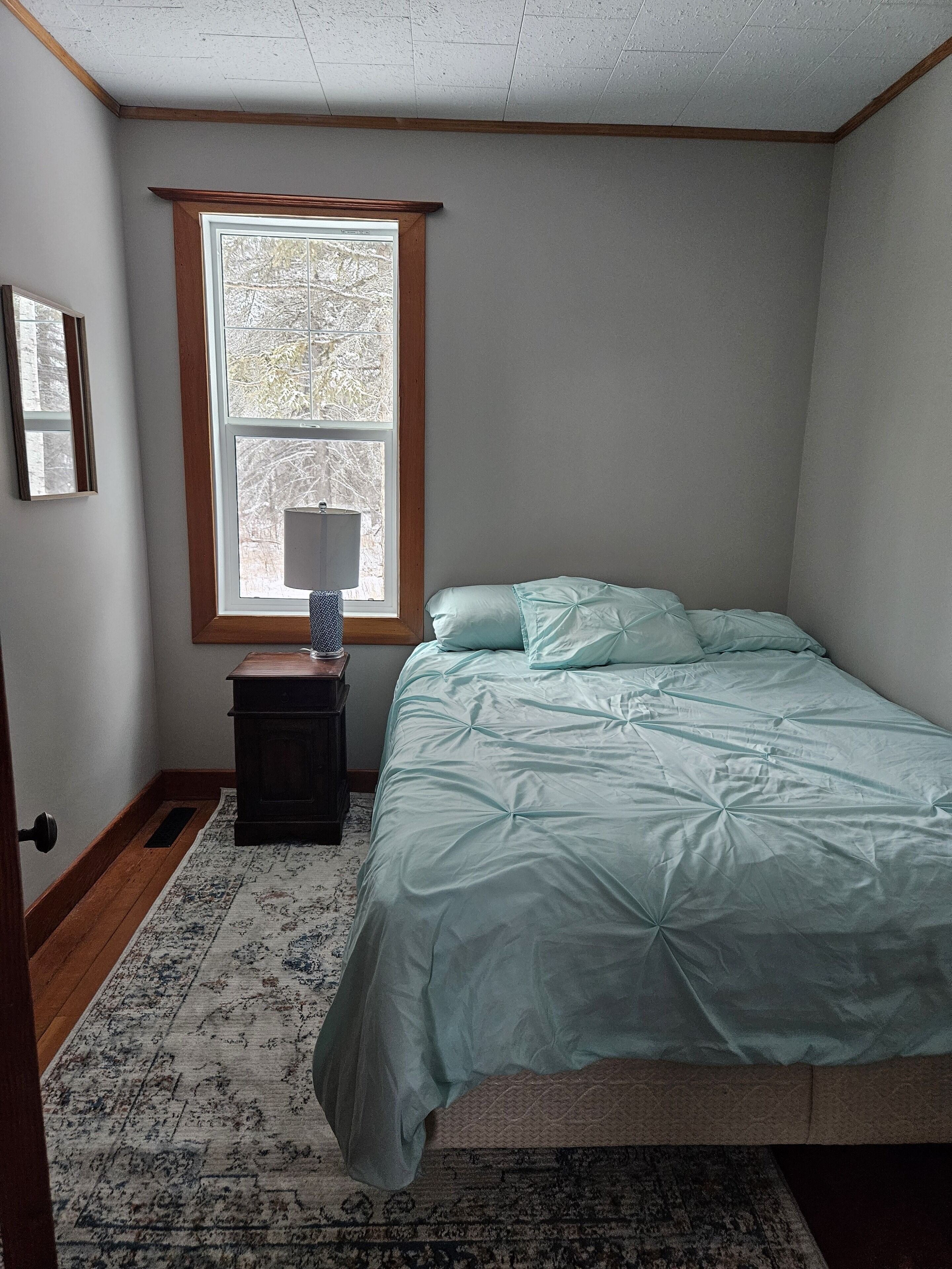 A bedroom with a single bed, a nightstand, a window, and a patterned rug.