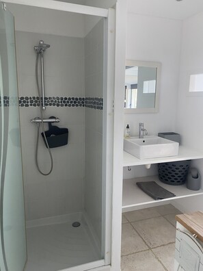 Shower, hair dryer, towels
