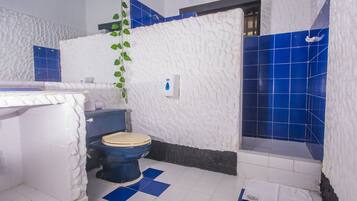 Shower, towels, soap, toilet paper