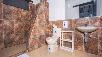 Shower, towels, soap, toilet paper