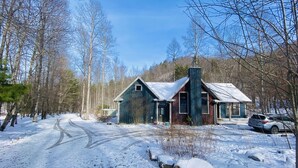 Una cabaña rústica con techo nevado, rodeada por un bosque y un camino serpenteante.