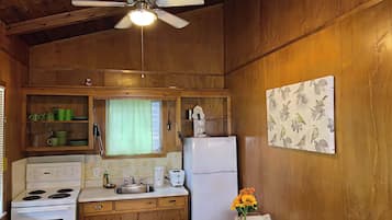 Frigorífico, placa de cocina y utensilios de cocina