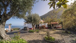 A cobblestone courtyard with a white building, olive trees, and a view of the sea. - On the North Coast, by the sea - Casa do Terreiro (São Vicente)