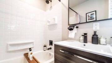 Hair dryer, towels, soap, shampoo