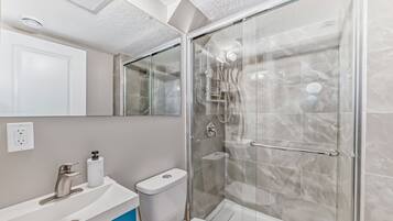 Hair dryer, towels, soap, shampoo