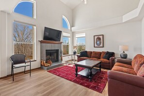 TV connectée, cheminée, livres