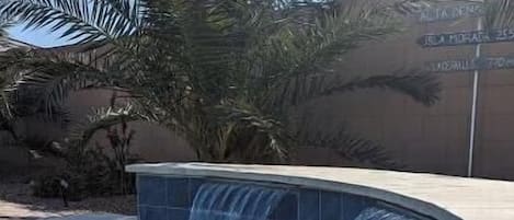 A swimming pool with a waterfall feature, surrounded by palm trees and a stone wall.