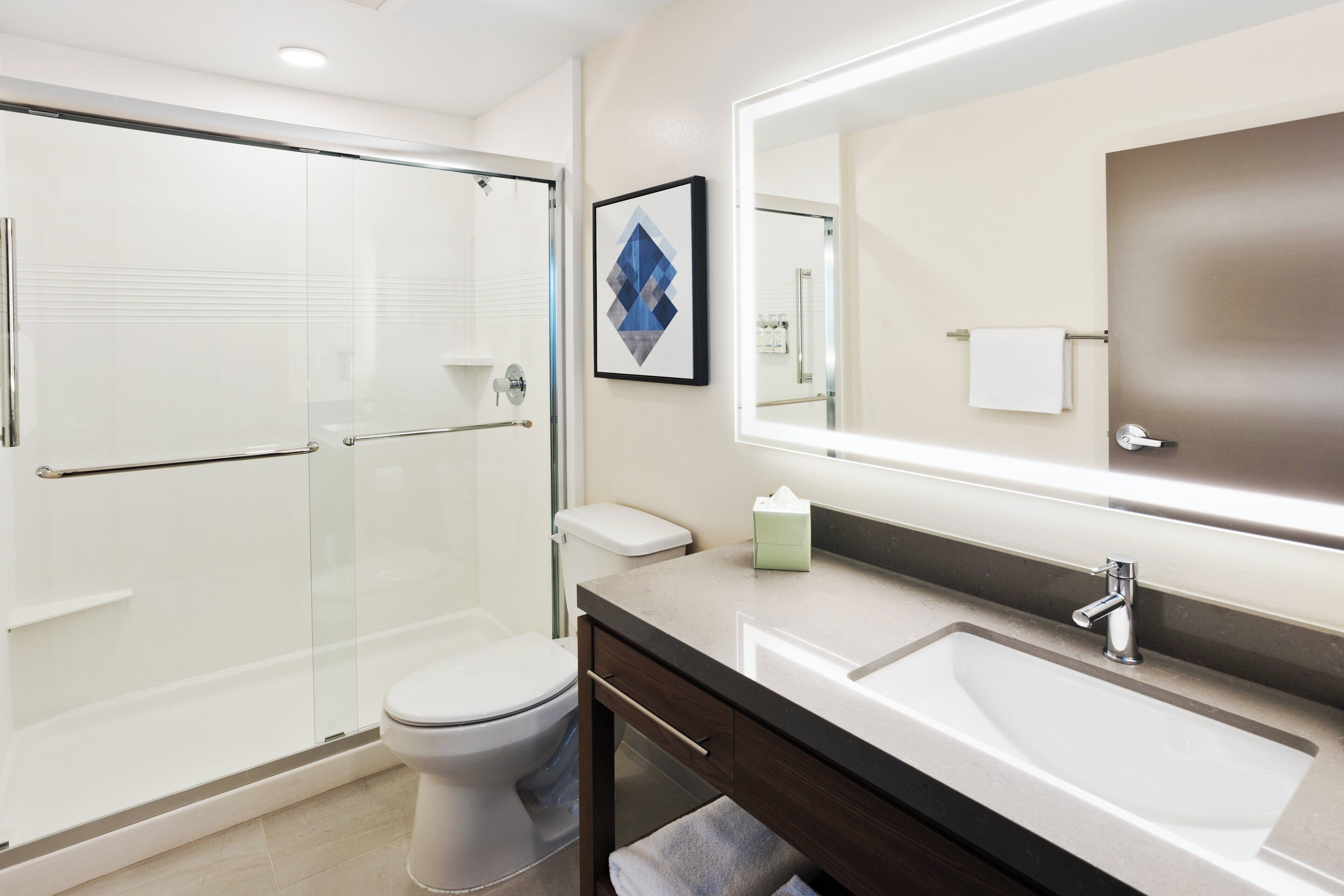 A modern bathroom with a glass shower enclosure, a white toilet, a large mirror, and a dual sink vanity.