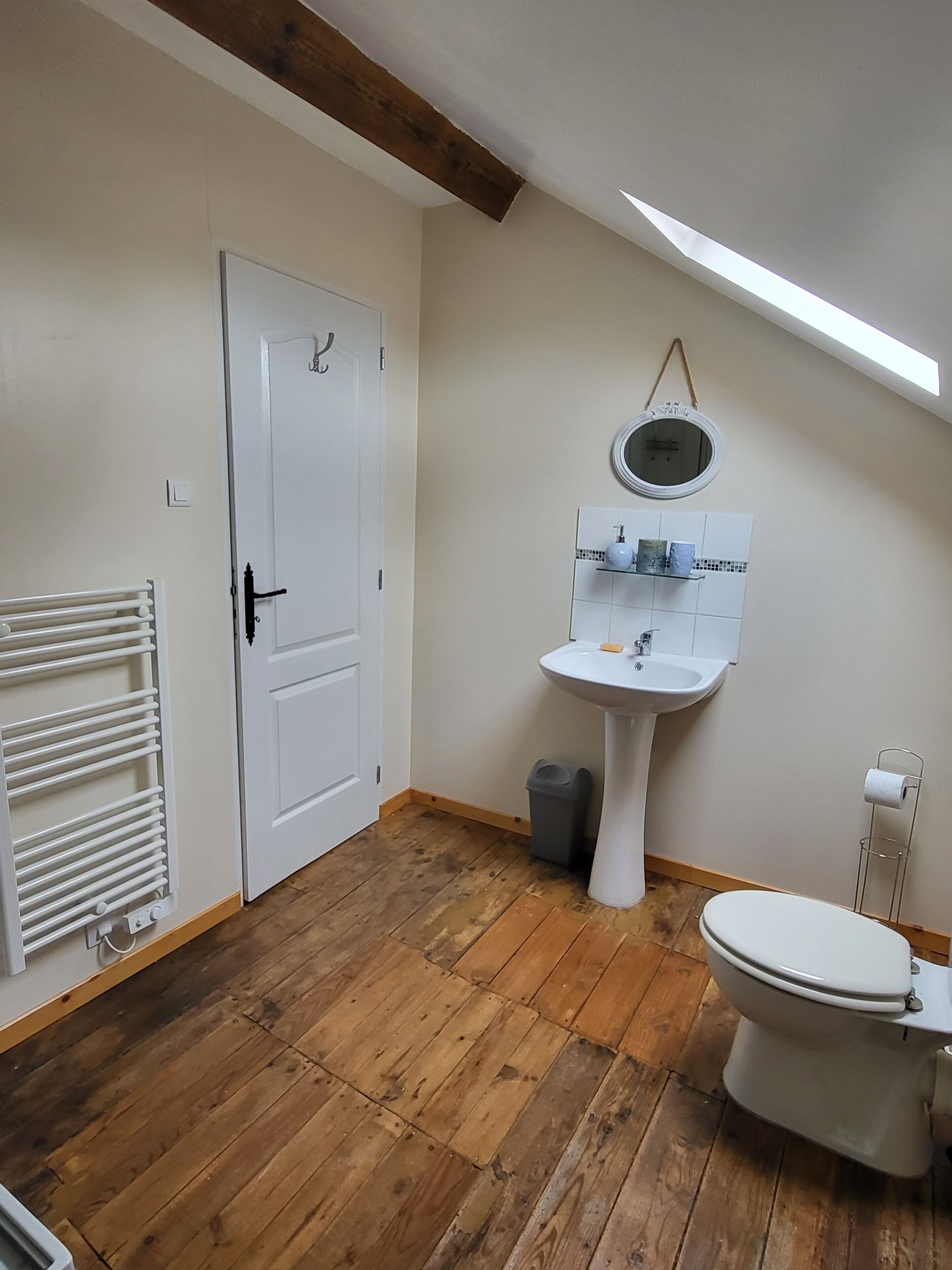 A small, compact bathroom with a white door, a white pedestal sink, a toilet, a wooden floor, and a skylight.