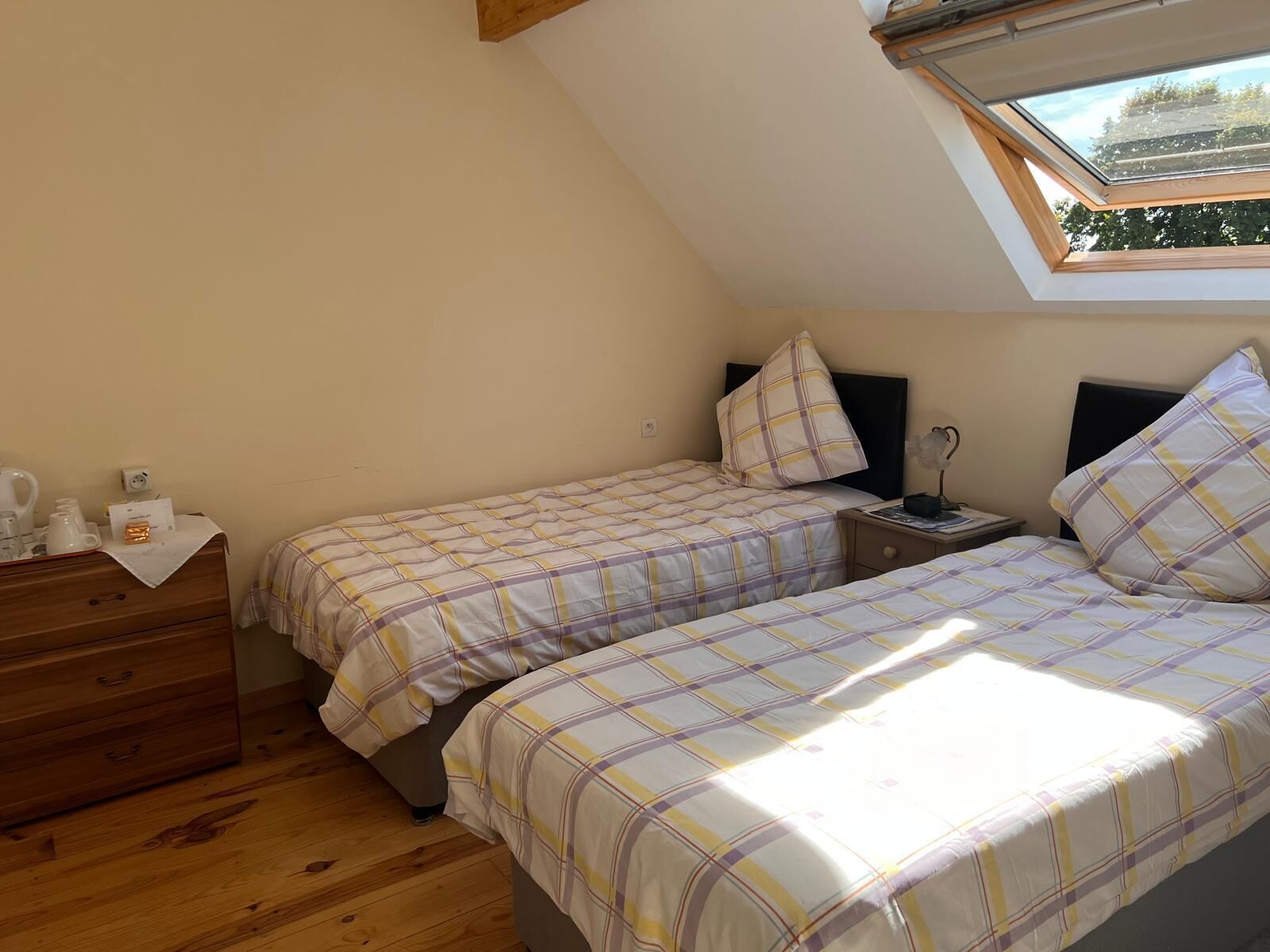 A bedroom with two beds, a wooden dresser, a nightstand, and a skylight.