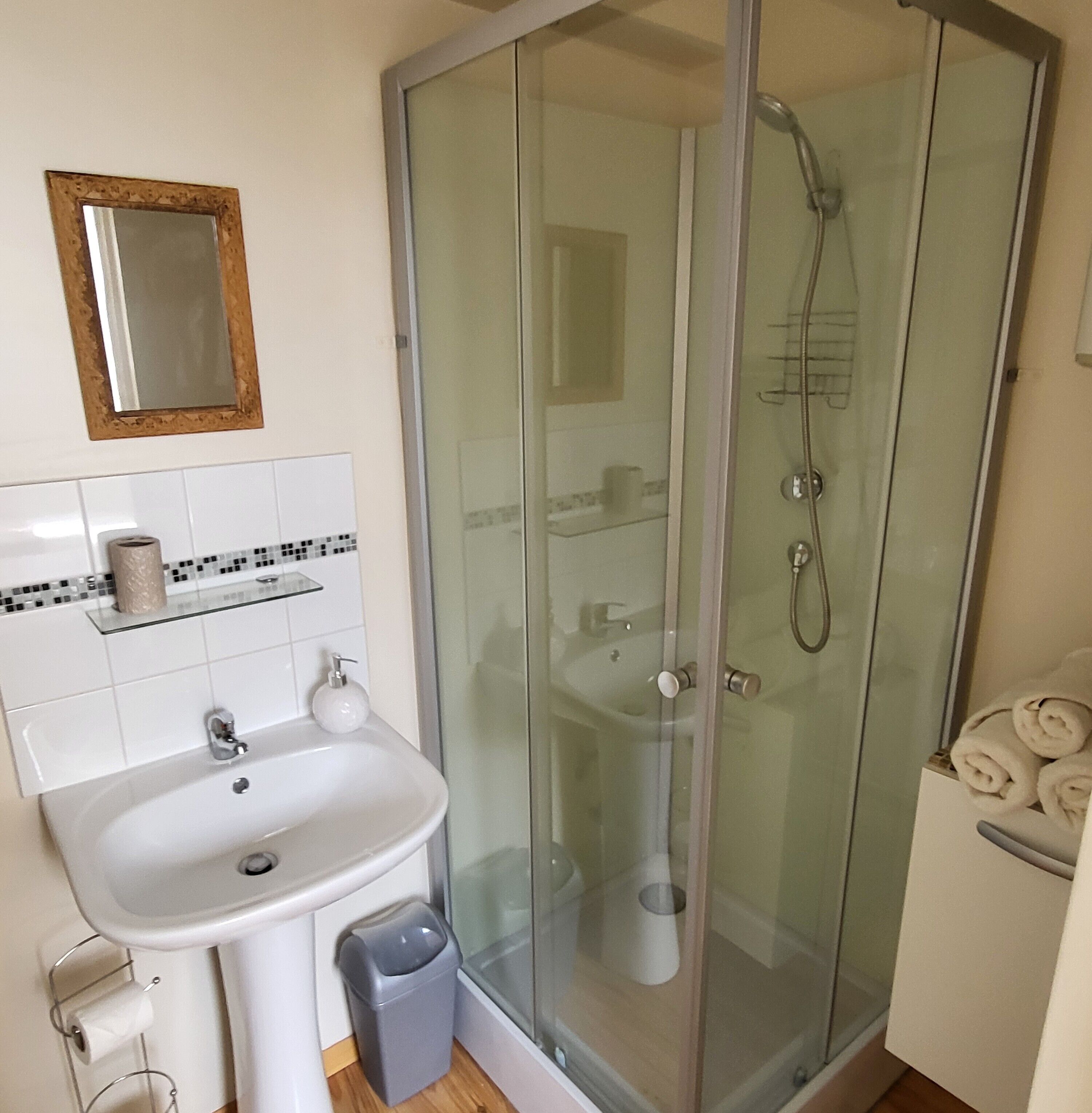 Un baño con ducha de vidrio, un lavabo blanco con un espejo encima y un inodoro.