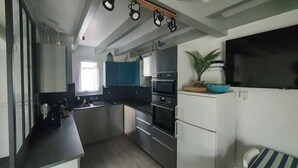 Une cuisine moderne avec des appareils en acier inoxydable, une fenêtre avec un rideau et une plante en pot.