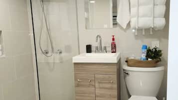Hair dryer, towels, soap, toilet paper