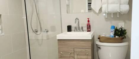 Hair dryer, towels, soap, toilet paper