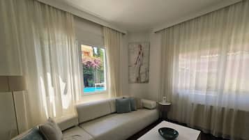 Flat-screen TV, fireplace