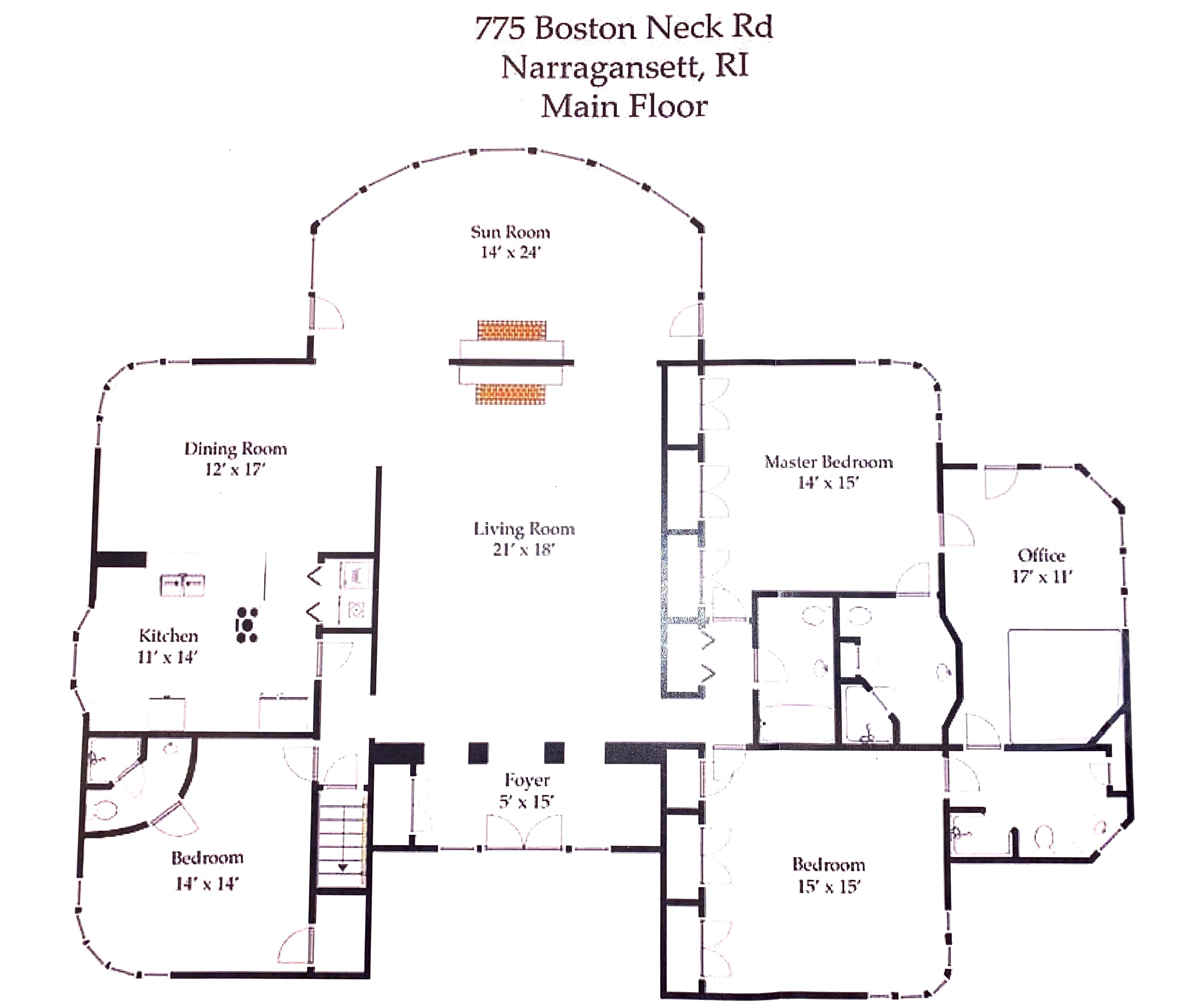 Grundriss eines Objekts in der Boston Neck Rd 775, Narragansett, RI, mit Esszimmer, Küche, zwei Schlafzimmern, Wohnzimmer, Hauptschlafzimmer, Eingangsbereich und Wintergarten.