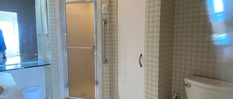 Un baño con inodoro, ducha con puerta de vidrio, lavamanos y espejo.
