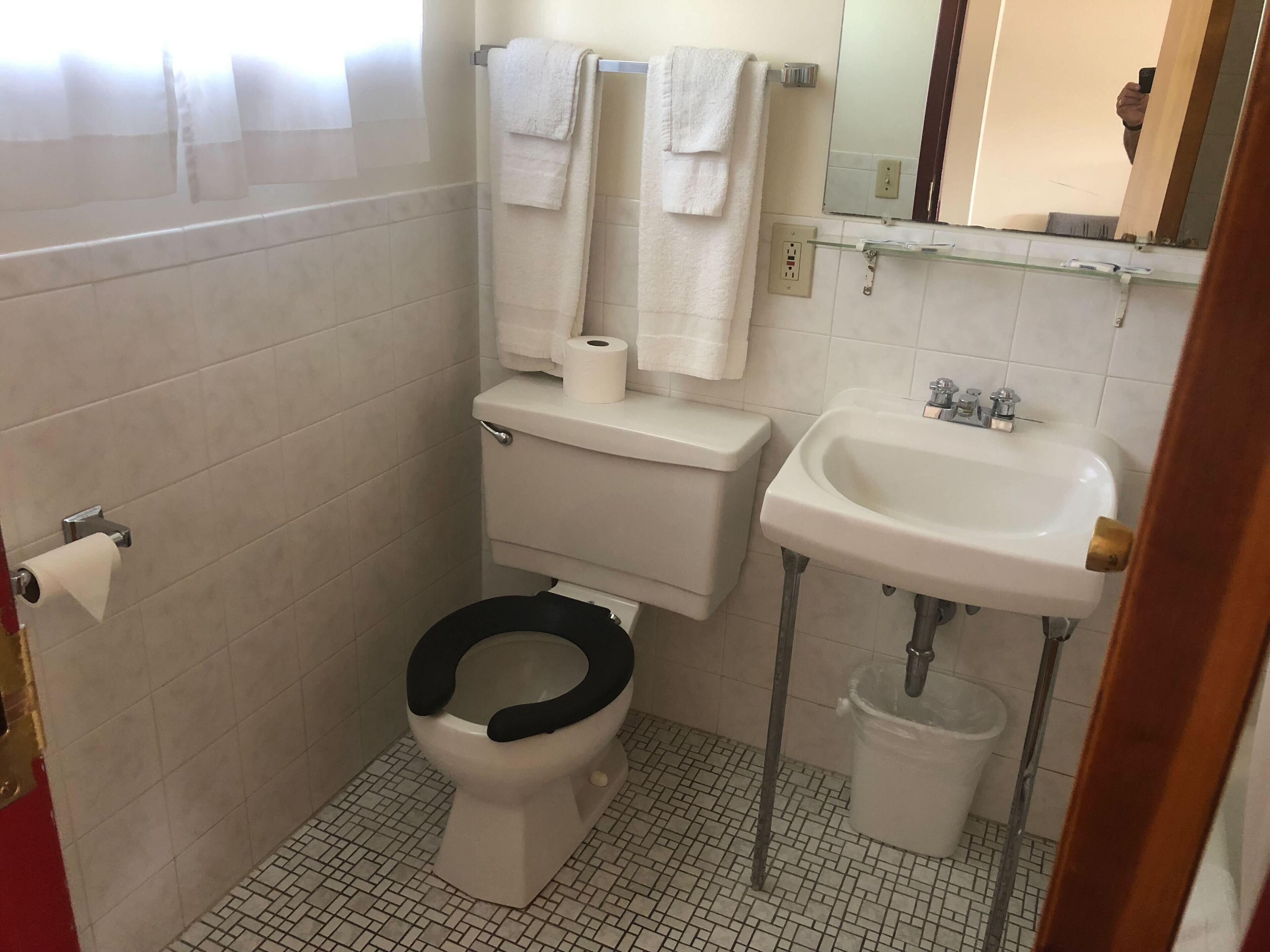 A small bathroom with a toilet, a sink, and a mirror.