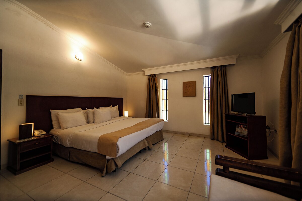 Una habitación de hotel con una cama grande, mesitas de noche, un televisor y un ventanal con cortinas.