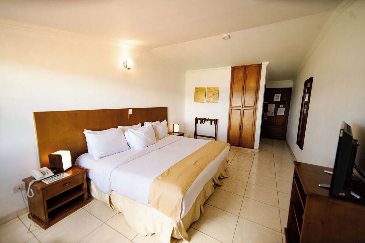 Una habitación de hotel con una cama grande, mesitas de noche, un escritorio y un televisor.