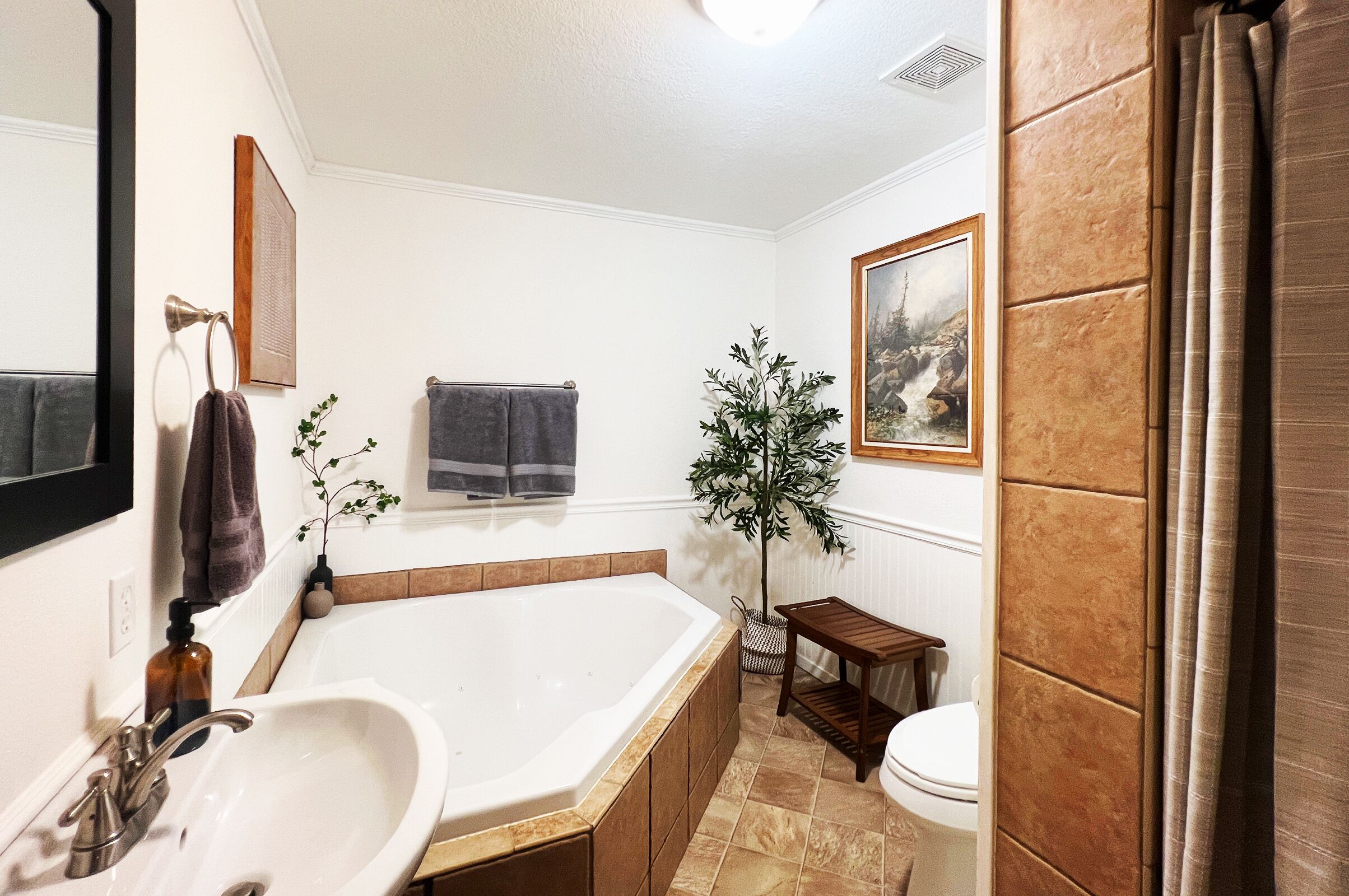 Hair dryer, towels, toilet paper