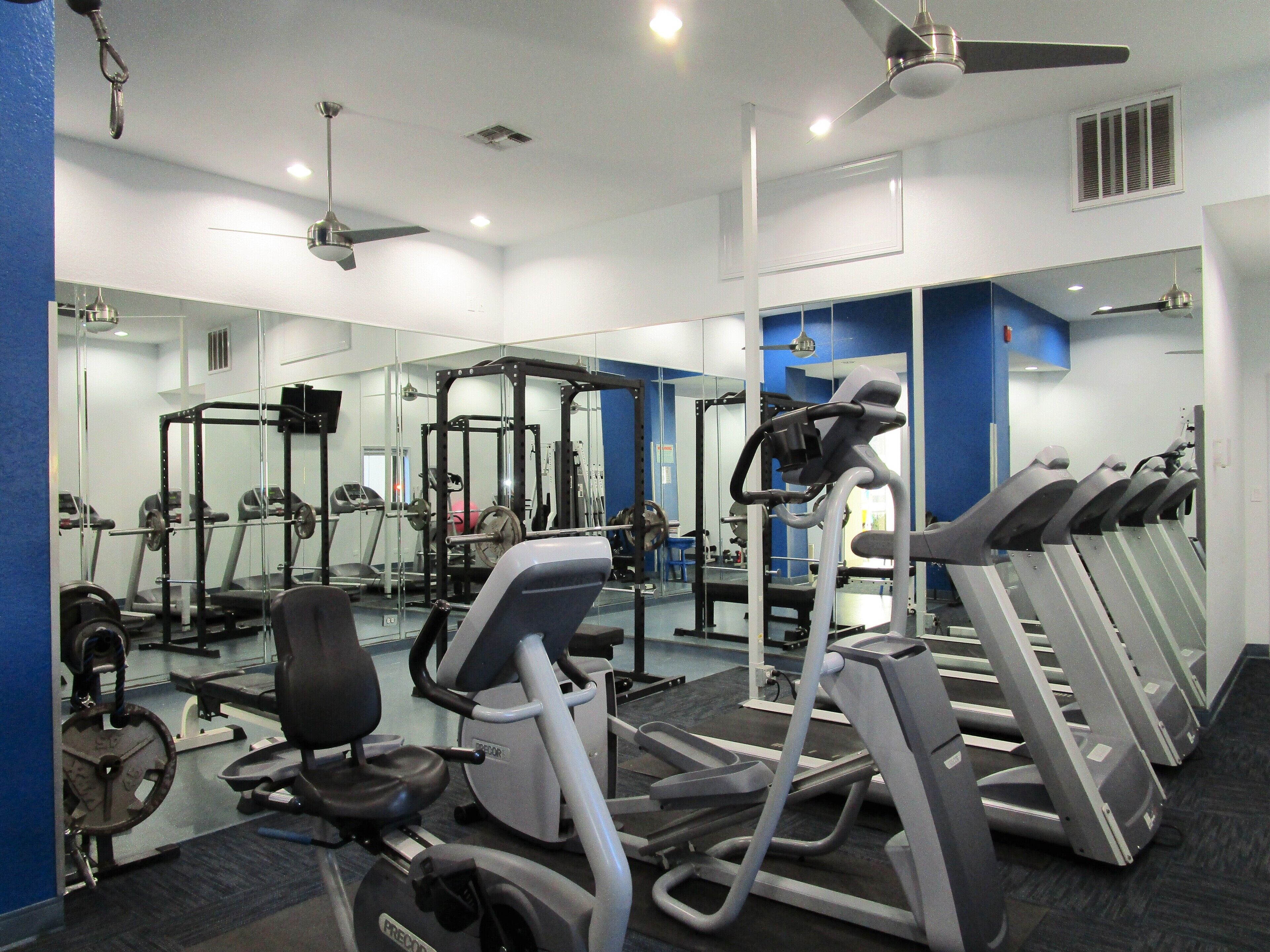Un gimnasio con cintas de correr, máquinas de pesas y un muro de espejos.