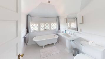 Shower, hair dryer, towels, toilet paper