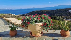 A large terracotta pot with red flowers on a stone-paved terrace overlooking a coastal landscape. - Dorothea Panoramic Villa.One of a kind, a hidden gem on the isle of Paros.Helios (Paros)