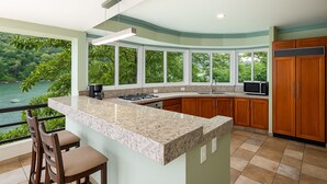 A modern kitchen with a large island, built-in appliances, and large windows offering a view of a lake and greenery. - Beach frontage Family Vacation home, 10 miles from downtown PV romantic zone (Boca de Tomatlán)