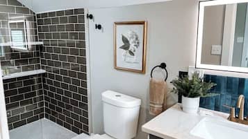 Shower, hair dryer, towels, shampoo