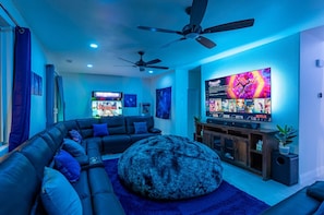 Smart TV, video games, video library, stereo