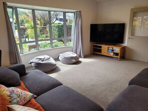 Smart TV, caminetto, lettore DVD, libri