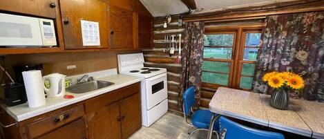 Fridge, microwave, stovetop, cookware/dishes/utensils