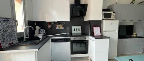 Fridge, oven, dishwasher, cookware/dishes/utensils