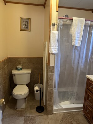 Shower, towels, soap, shampoo