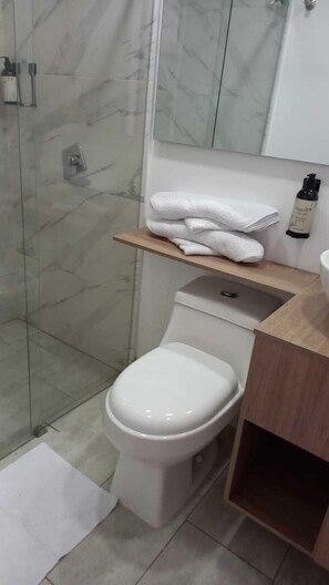 Douche, douche à « effet pluie », articles de toilette gratuits