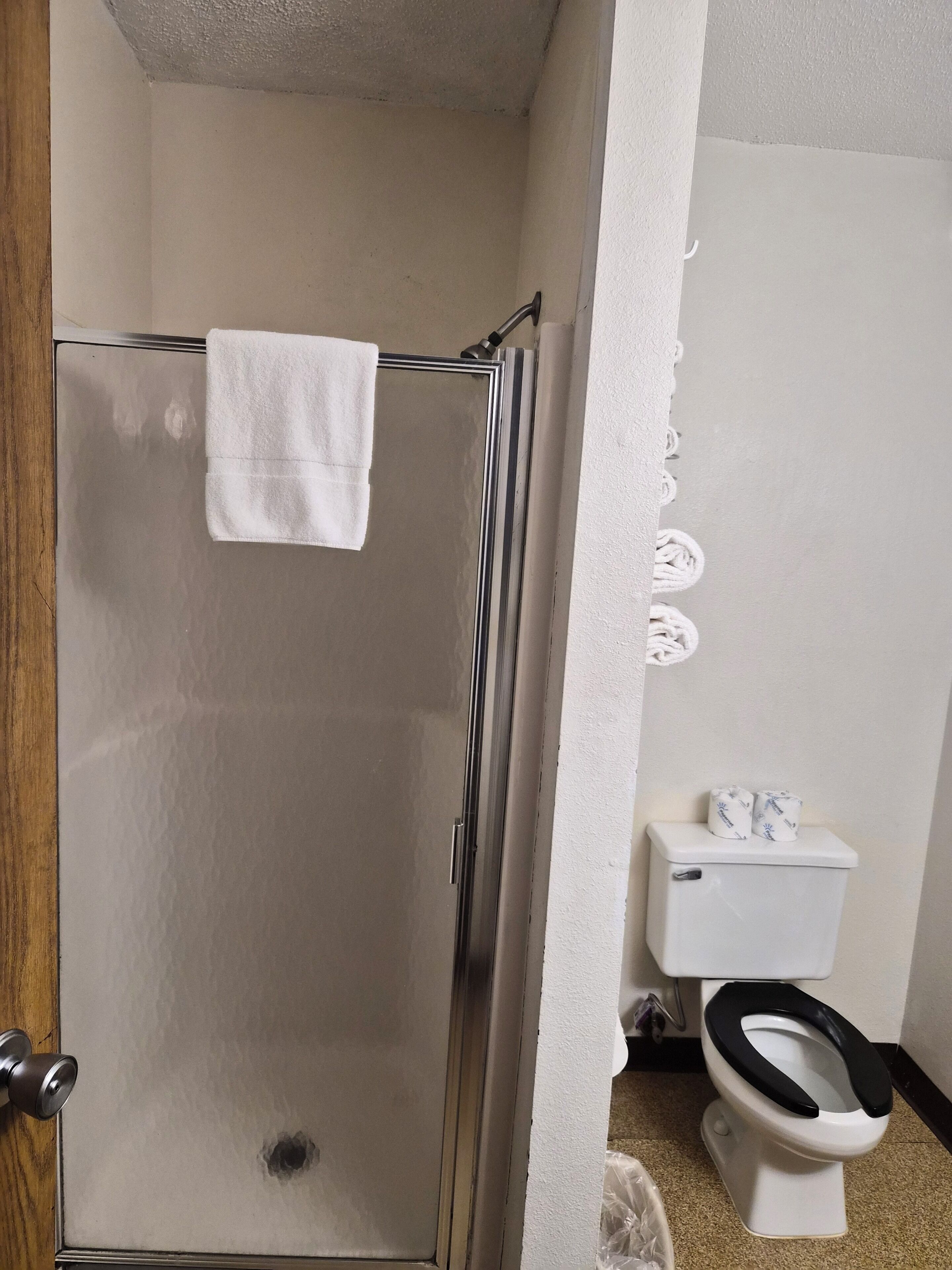 A bathroom with a glass-enclosed shower, a toilet with a black seat, and a white towel hanging on the shower door.
