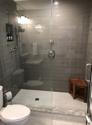 Douche, sèche-cheveux, serviettes fournies, savon